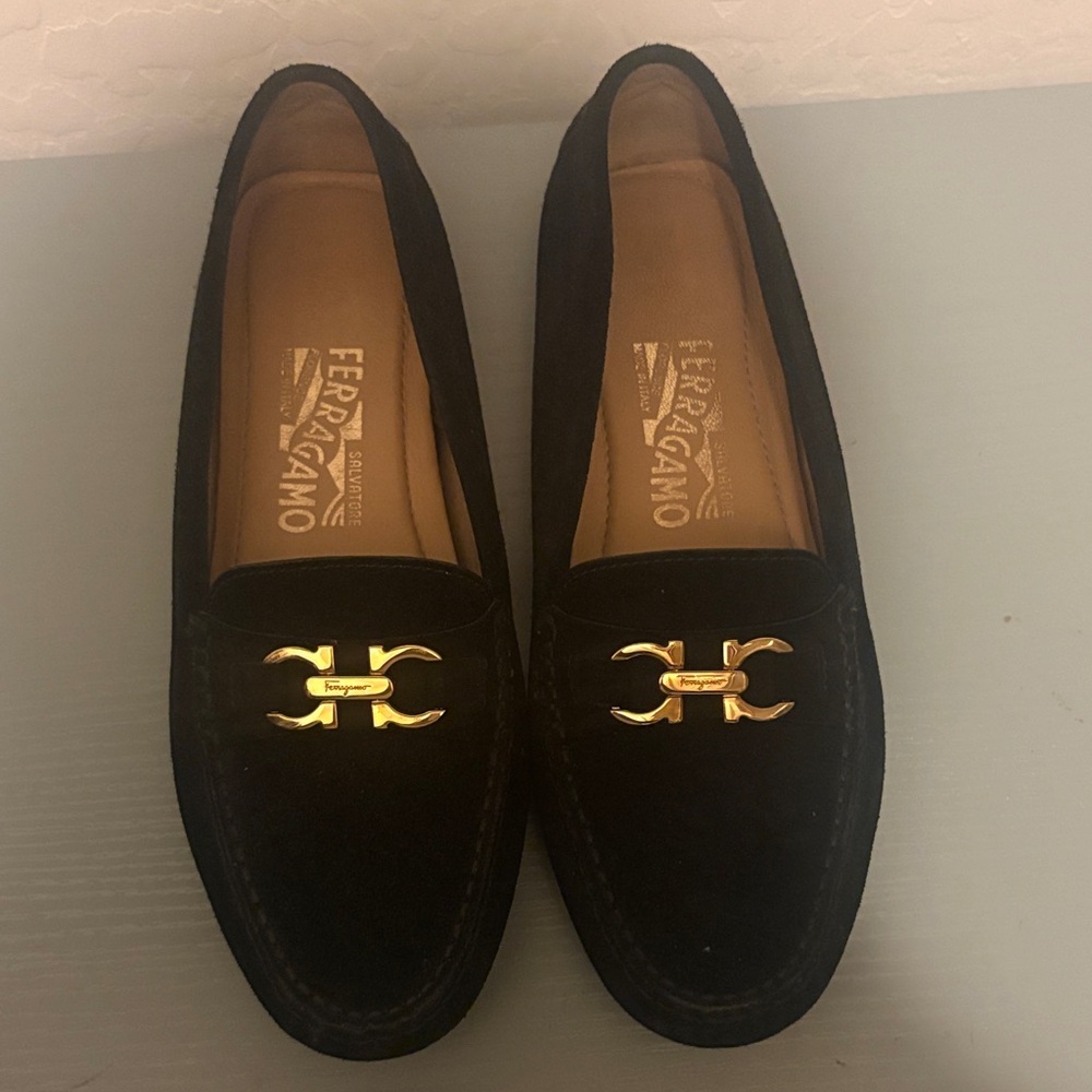 Salvatore Ferragamo Black Suede Loafers with Gold Accent